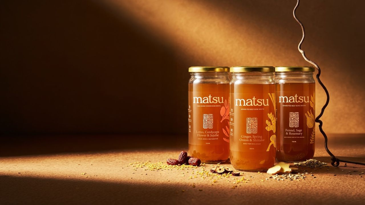 Matsu bone broth — three 720ml glass jars, slow-simmered for 36 hours Three glass jars of Matsu bone broth — chicken lotus, beef ginger and beef fennel — with golden lids on warm stone