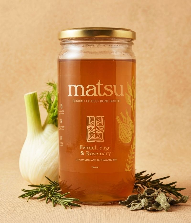 720ml glass jar of Matsu grass-fed beef bone broth slow-simmered with fennel, sage and rosemary 720ml glass jar of Matsu grass-fed beef bone broth slow-simmered with fennel, sage and rosemary