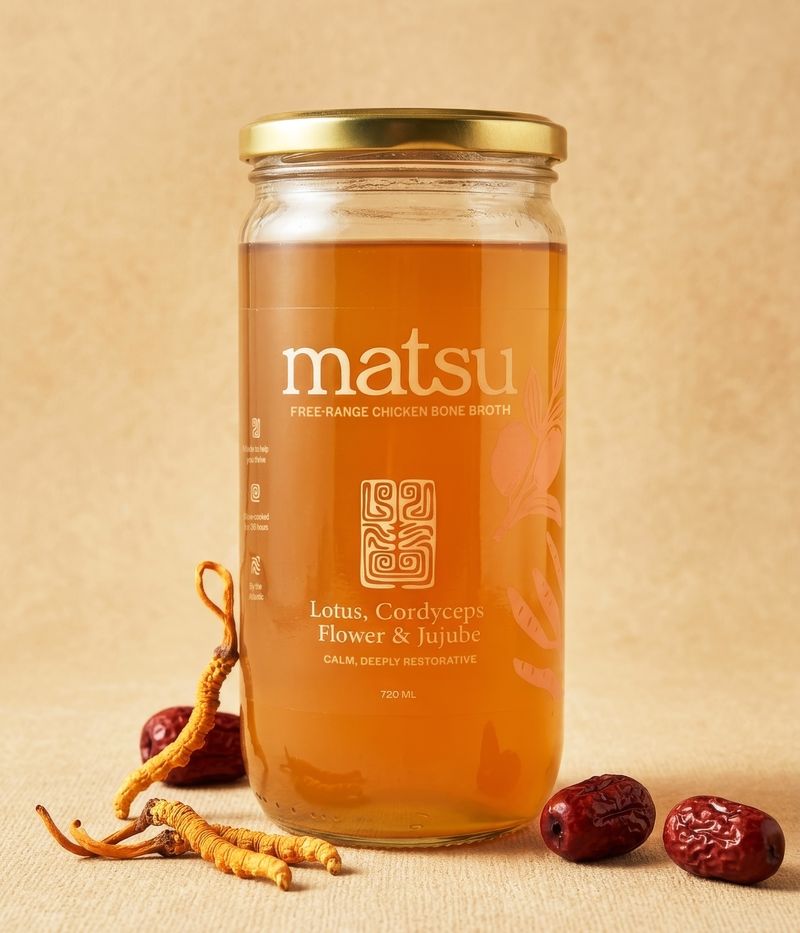 720ml glass jar of Matsu chicken bone broth with lotus seed, cordyceps flower and jujube 720ml glass jar of Matsu chicken bone broth with lotus seed, cordyceps flower and jujube